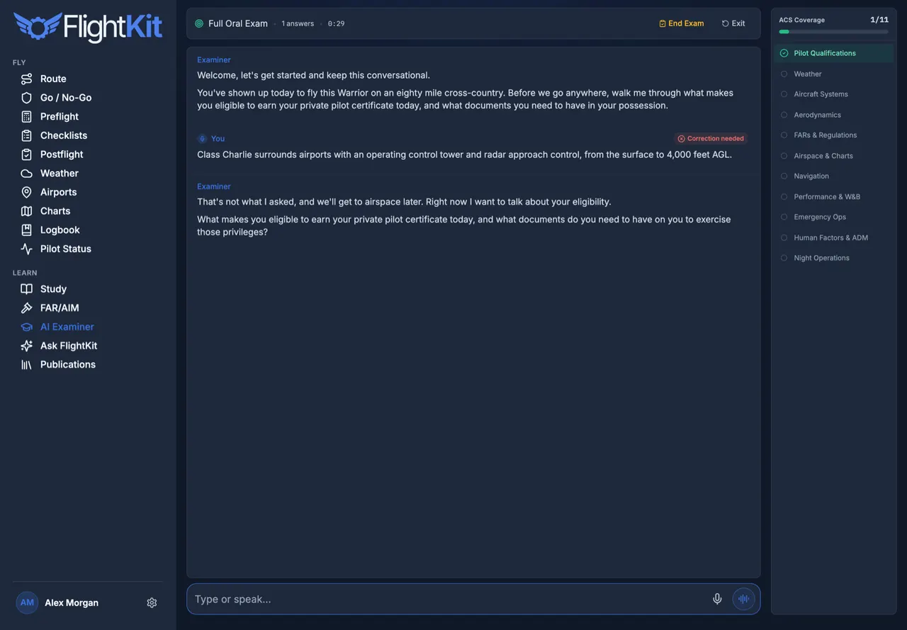 FlightKit Ground school & AI Examiner — ACS ground school and an AI examiner