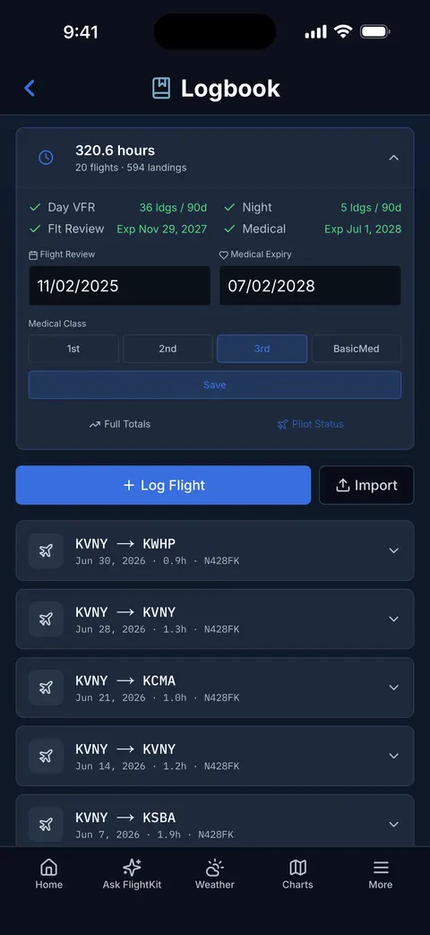 FlightKit Logbook — A logbook that watches your currency for you